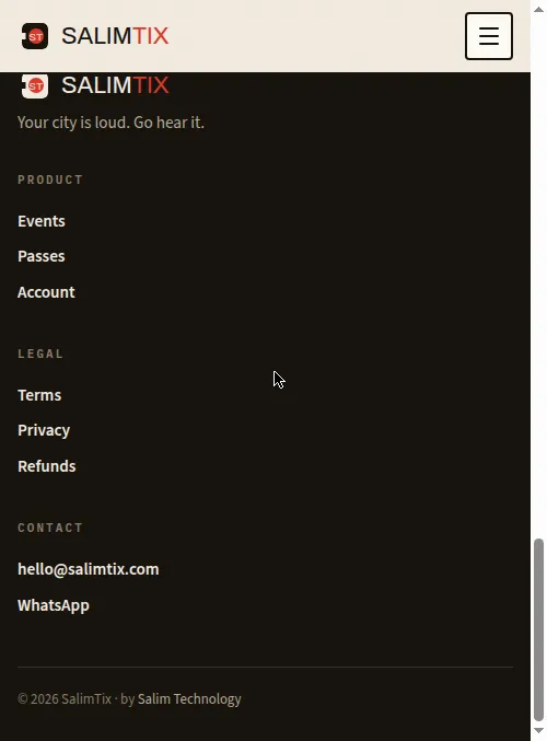 SalimTix footer: dark ink section with product, legal, and contact links