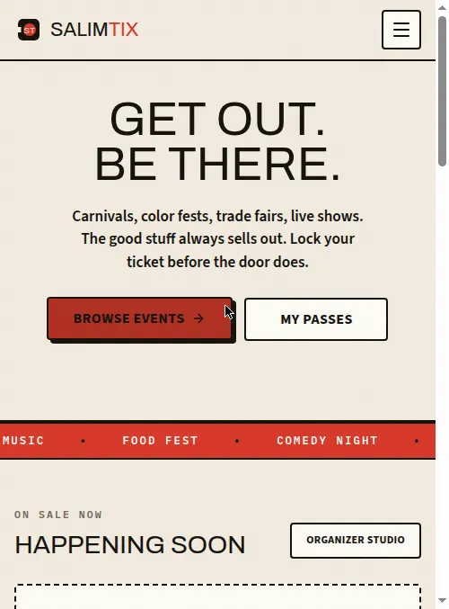 SalimTix homepage hero: GET OUT. BE THERE. headline, red browse button, event marquee