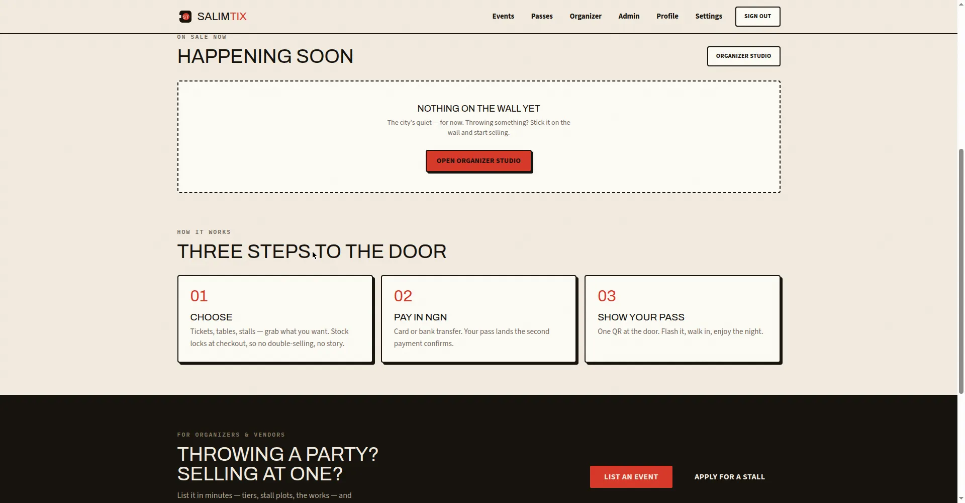 SalimTix how it works section with three steps and the organizers banner